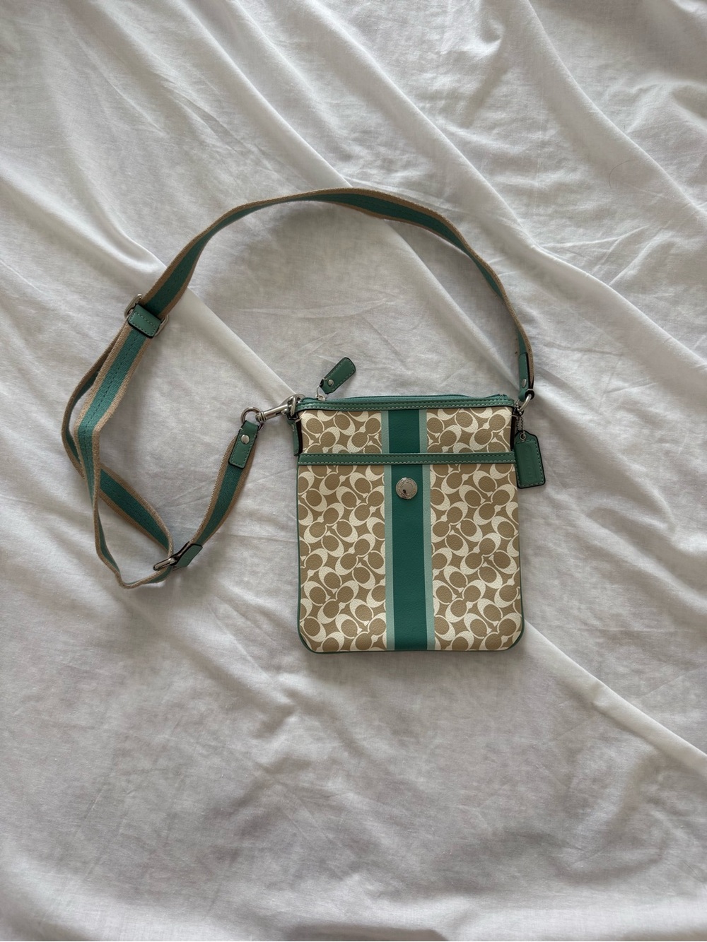 Vintage Coach Signature Crossbody Bag in Tan & Teal